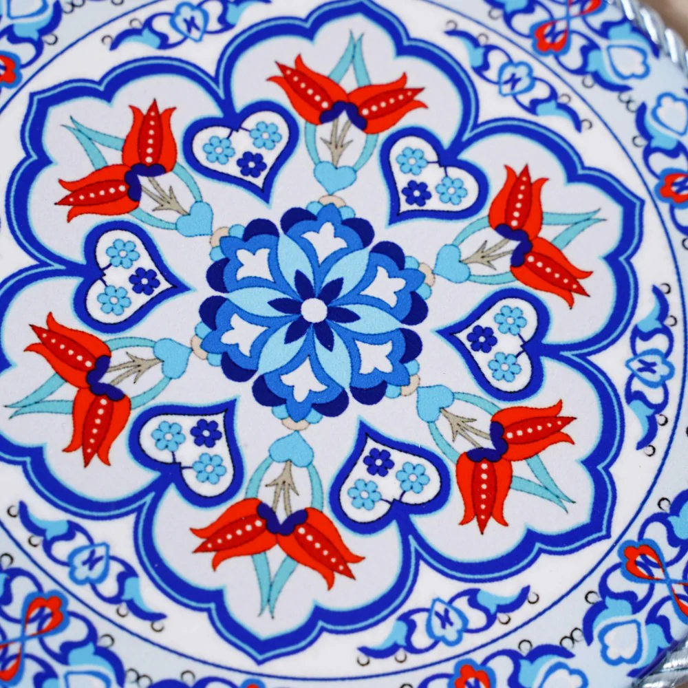Zellij Art Round Ceramic Trivet With Rope Yellow And Blue 6 Inch - Image 5